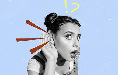 Comic illustration of shocked young woman with hand on ear